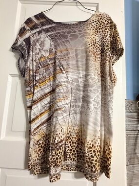 Chico's Short Sleeve Mixed Animal & Stripe Print Top in Gray, Brown and Gold